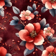 Poster - Elegant Burgundy Floral Seamless Pattern with Vibrant Flowers and Lush Greenery Perfect for Fabric and Wallpaper Designs