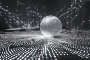 Fototapete - A mesmerizing illuminated sphere projects intricate patterns of light across a dimly lit background, creating an abstract and dynamic visual spectacle of light dance.