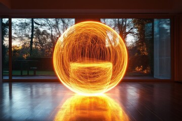Poster - A vibrant, fiery orb radiates intense warmth and energy inside a modern room, with dramatic light streaks that suggest movement against the evening skyline backdrop.