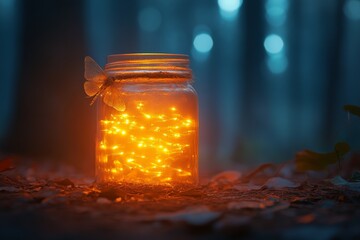 Poster - A delicate butterfly perches on a jar filled with bright glowing lights, creating a captivating and serene atmosphere in the enchanting twilight forest setting.