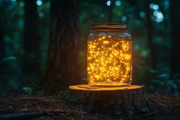 Aufkleber - A jar brimming with glowing fireflies is set on a tree stump, illuminating the forest with a gentle yet vibrant light, invoking a sense of wonder and tranquility.