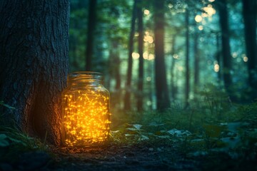 Poster - A radiant jar filled with vibrant glowing fireflies rests beside a tree, casting an enchanting glow throughout the tranquil forest and inspiring awe and imagination.