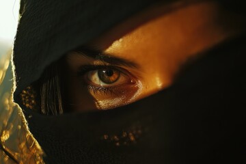 Poster - A close-up shot of a person's face with a veil covering their identity, suitable for use in various storytelling and mystery scenarios