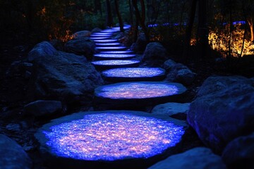 Poster - A magical forest path with glowing blue stones, casting an enchanting light amidst the dark surroundings, creating a mystical and serene atmosphere for wanderers.