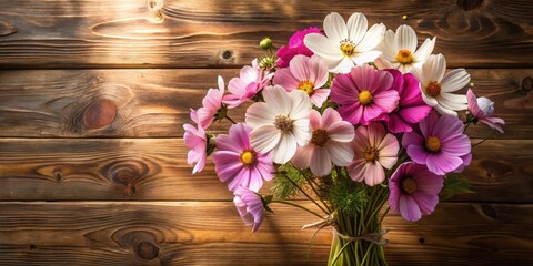 Poster - A Delicate Bouquet of Pink and White Cosmos Flowers Resting on a Rustic Wooden Surface