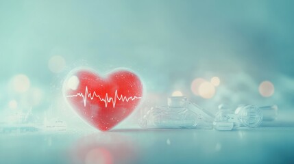 Aufkleber - Glowing red heart with dynamic cardiogram surrounded by soft light and blurred background. Generative AI