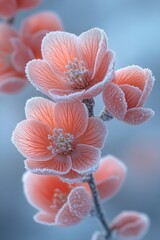 Poster - Frosty morning scene with a bunch of pink flowers covered in ice