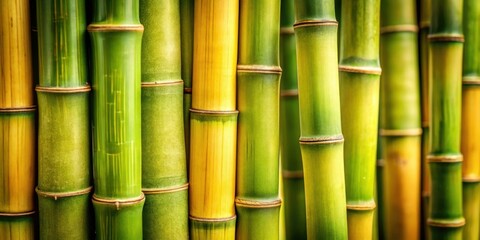 Poster - Close-up view of vibrant green and yellow bamboo stalks arranged in a dense cluster