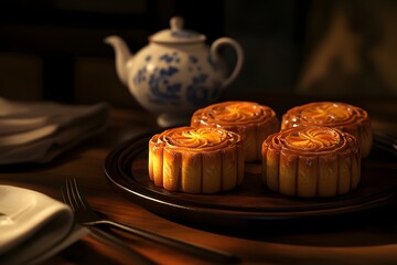 Wall Mural - Moon cakes, beautifully decorated with intricate designs and traditional Chinese patterns, arranged on dark wooden plates with delicate cutlery beside them