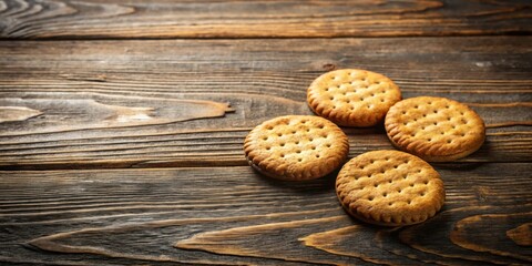 Poster - Four Round Crackers Resting on Rustic Wooden Surface
