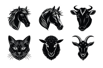 Animals head silhouette set vector illustration. Cow, Cat, horse, dog, sheep mascot icon collection