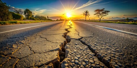 Poster - Sunlit Highway with Extensive Pavement Cracking at Sunset