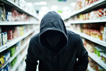 Poster - A person wearing a hoodie stands in an aisle of a store, surrounded by shelves and products