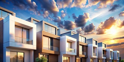 Poster - Modern Residential Architecture at Sunset A Row of Stylish Townhouses with Balconies and Large Windows