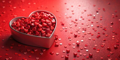Aufkleber - Heart-Shaped Bowl Overflowing with Small Red Hearts on Red Background