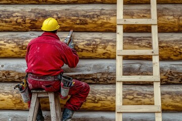 Construction worker building log cabin wall using caulking gun