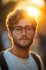 Poster - A person wearing glasses and carrying a backpack looking straight into the camera