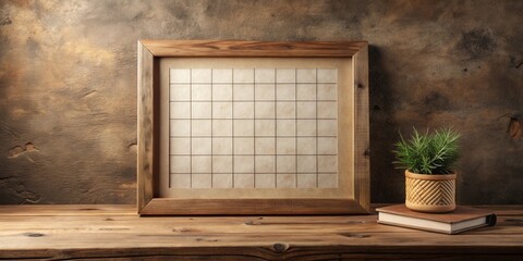 Aufkleber - Rustic Wooden Frame with Blank Gridded Paper and Potted Plant on Wooden Table