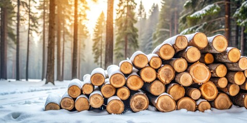 Poster - Winter Woodland Lumber Pile Snow-Covered Logs in a Sunlit Forest