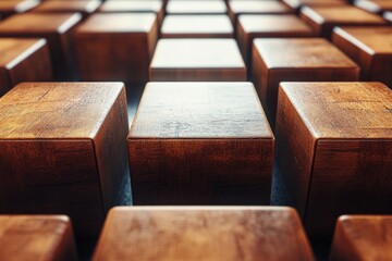 Poster - This artistic depiction shows a variety of wooden blocks with rich textures, arranged symmetrically to emphasize their natural beauty and individual characteristics.