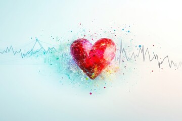 Aufkleber - Glowing red heart with vibrant cardiogram illustrating dynamic cardiovascular activity. Generative AI