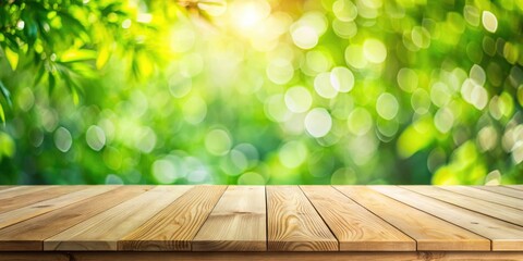 Poster - Wooden Tabletop Against a Blurred Green Background of Lush Foliage and Sunlight