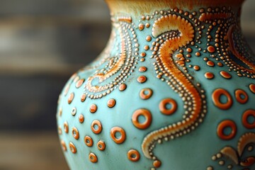 Aufkleber - A detailed and colorful close-up of a ceramic vase showcasing its intricate patterns and textures, highlighting craftsmanship and artistry in ceramic design.