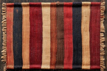 Aufkleber - This image depicts a handwoven rug with vertical stripes in warm colors, highlighting craftsmanship and tradition, suitable for adding warmth and style to any space.