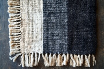 Poster - This image depicts a simple striped rug with a natural color palette and fringe detailing, perfect for minimalist and classic styling, adding subtle elegance to any room.