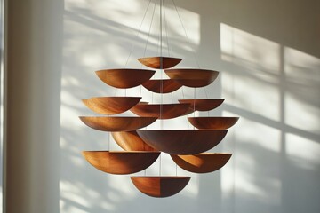 Poster - This image displays a wooden geometric hanging sculpture, casting intricate shadows that play with light and space, offering a minimalist artistic aesthetic.