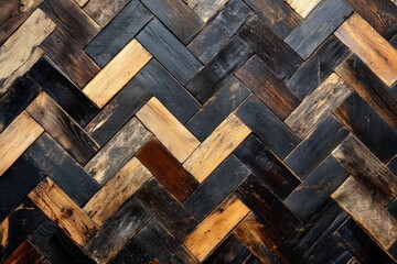 Poster - This image displays a striking herringbone pattern using alternating dark and light wooden pieces, creating a visually compelling geometric design.