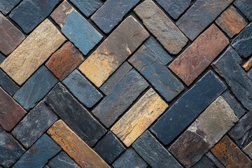 Aufkleber - A beautifully arranged herringbone pattern made with variegated earthy-toned stones, creating both a visual impact and a sense of structural order and precision.