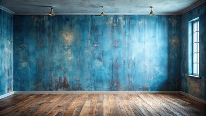 Poster - Empty Room with Textured Blue Wall and Wooden Floor