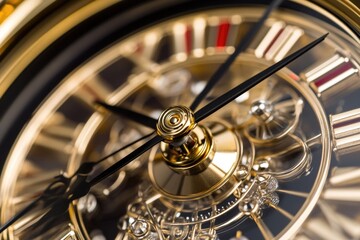 Poster - A detailed shot of a clock featuring a golden face, suitable for use in articles about timekeeping or luxury items