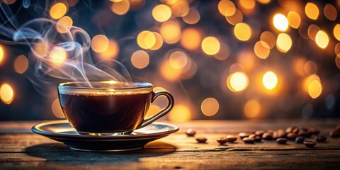 Poster - Aromatic Coffee Steam Rising from a Glass Cup on Wooden Table with Warm Bokeh Lights