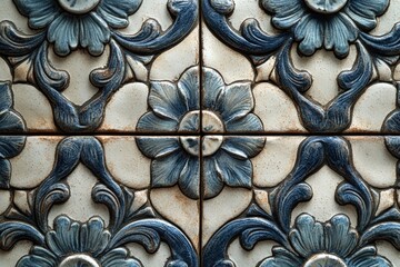 Poster - A beautiful ceramic tile featuring a floral design in shades of blue and white