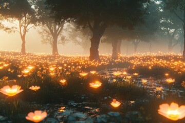 Poster - A forest wonderland lit by softly glowing flowers at sunset creates a magical atmosphere, blending natural beauty with an enchanting light display.