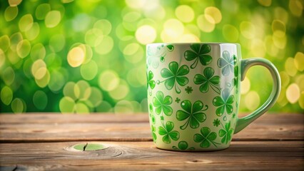Aufkleber - A green shamrock-patterned mug rests on a rustic wooden surface against a vibrant bokeh background