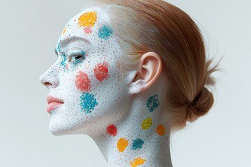 Poster - A close-up shot of a person's face with colorful, hand-painted designs and makeup