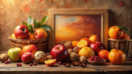 Poster - Autumn Harvest Still Life with Apples, Oranges, and Nuts in Rustic Setting