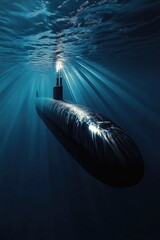 Poster - A submarine submerged in the water with a spotlight shining from its top