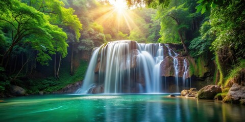 Poster - Serene Waterfall Cascading Through Lush Green Forest, Sunbeams Illuminating the Scene