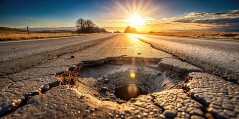 Poster - Sunset over a damaged road surface with a large pothole