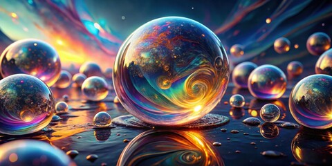 Poster - Reflective Spheres Displaying a Cosmic Landscape on a Dark, Reflective Surface