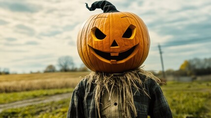 Aufkleber - A person dressed up as a scary figure with a pumpkin on their head, suitable for Halloween-themed uses