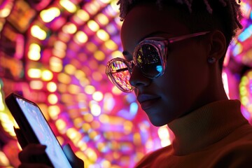 Wall Mural - A woman wearing glasses examines her smartphone