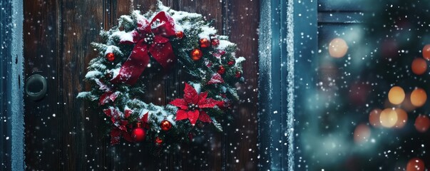 Sticker - A vibrant Christmas wreath hanging on a wooden door, covered in snow, 4k photo.