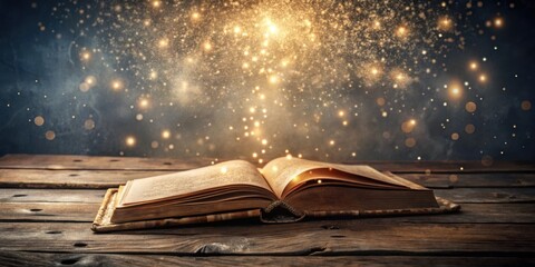 Poster - Open Book with Magical Golden Dust and Glowing Lights on Wooden Surface