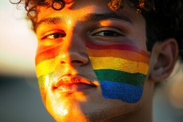 Poster - A person with a colorful rainbow design on their face, perfect for creative projects and artistic expressions