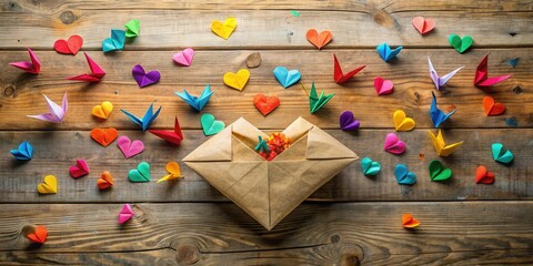 Poster - Colorful Origami Hearts and Birds Surrounding a Paper Envelope on Wooden Surface